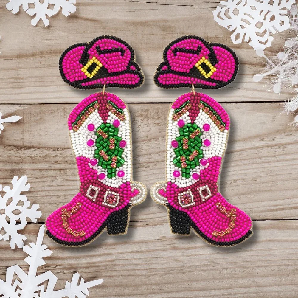 Christmas Holiday Gift Western Fuchsia Seed Beaded Boots Boho Earrings - Picture 2 of 3